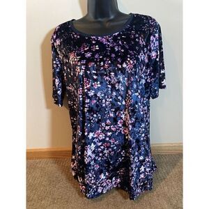 Evri Top Blouse Womens 0X Short Sleeve Floral Blue Velour Scoop Neck